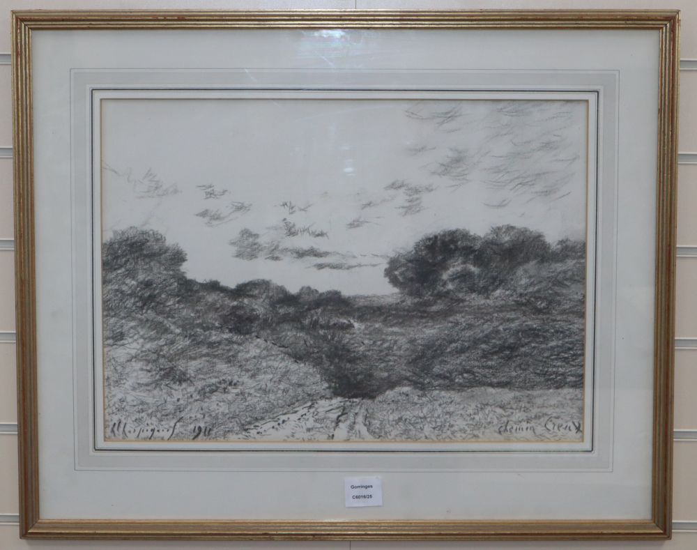 Henri J. Harpignies (1819-1916), charcoal drawing, Chemin Creux 1911, signed and dated with Fine Art Society label verso, 37 x 51.5cm